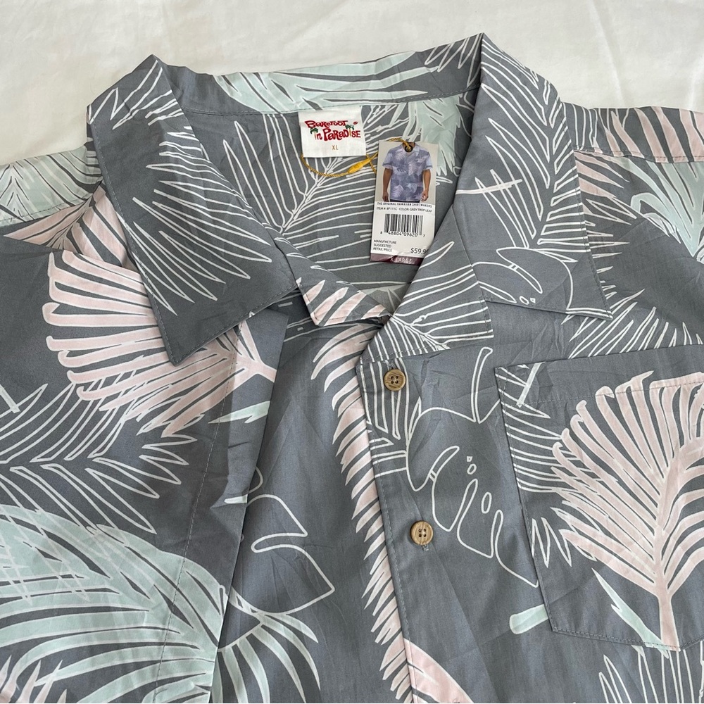 NWT Barefoot in Paradise Hawaiian Shirt Grey Pink Tropical 100% Cotton Men’s XL